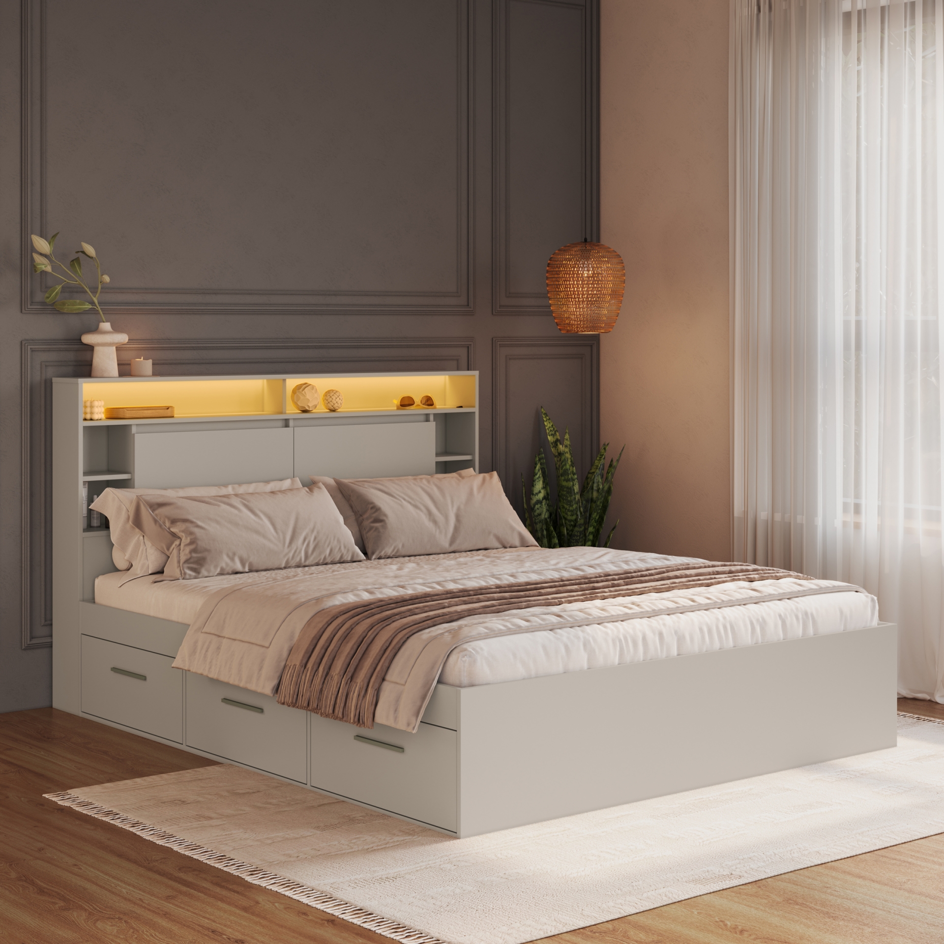 Conjunto cama casal e cabeceira com iluminação LED Genebra Art In Móveis