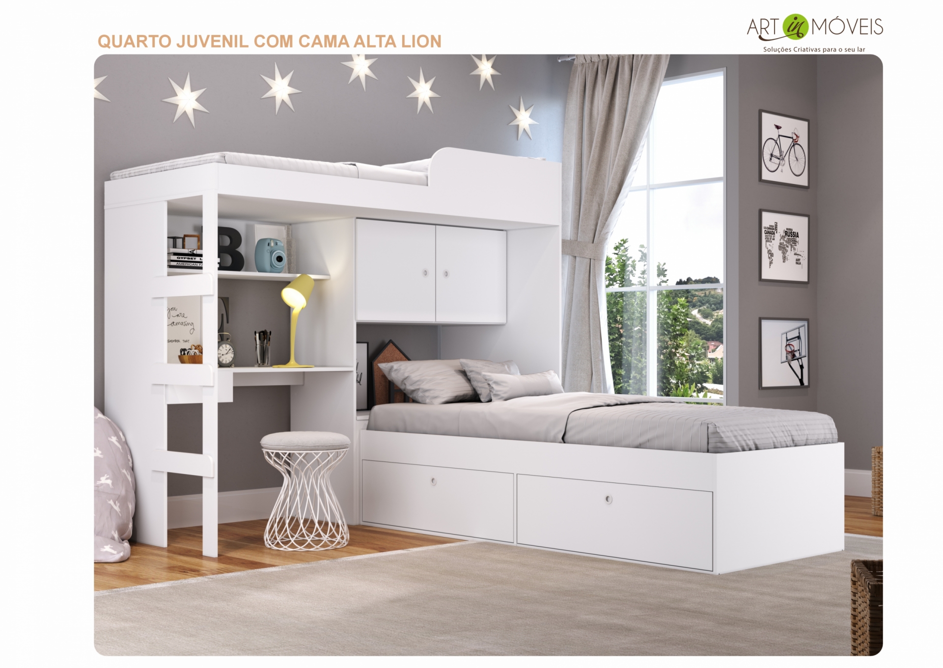 Quarto juvenil com 2 camas Lion Art In Móveis