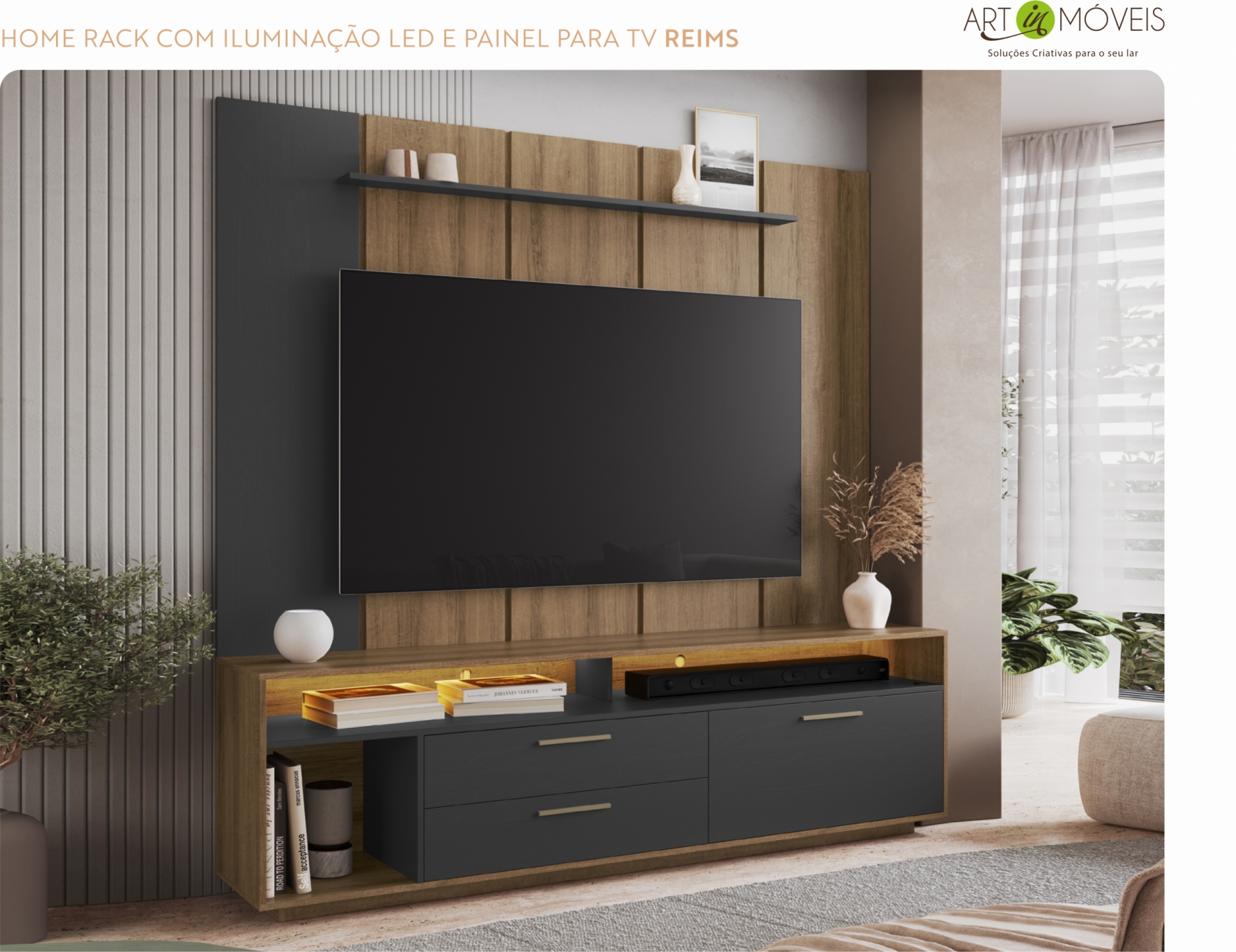 Home Rack com Iluminação Led e Painel para TV Reims Art In Móveis
