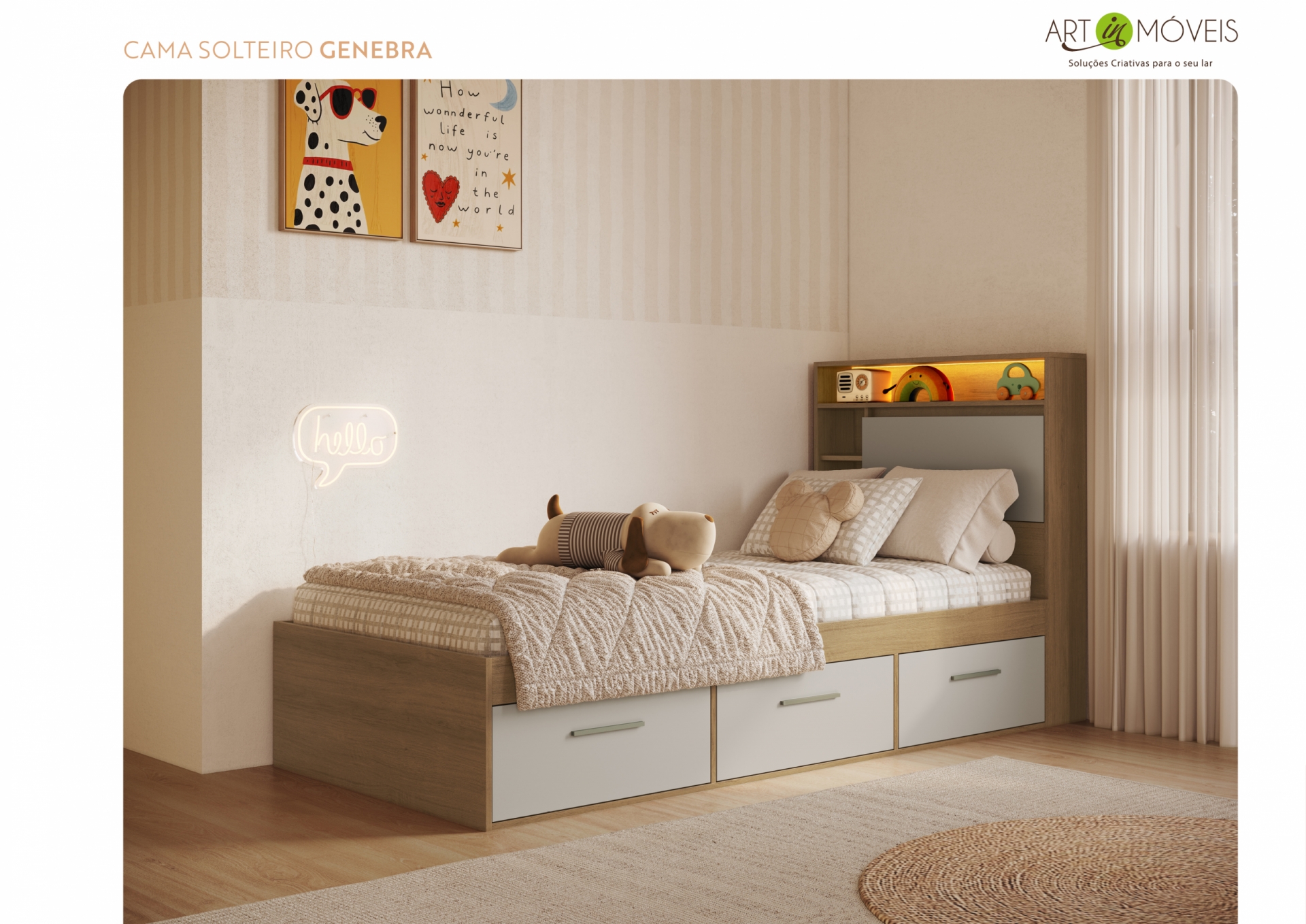 CAMA SOLTEIRO 3 GAVETAS GENEBRA Art In Móveis