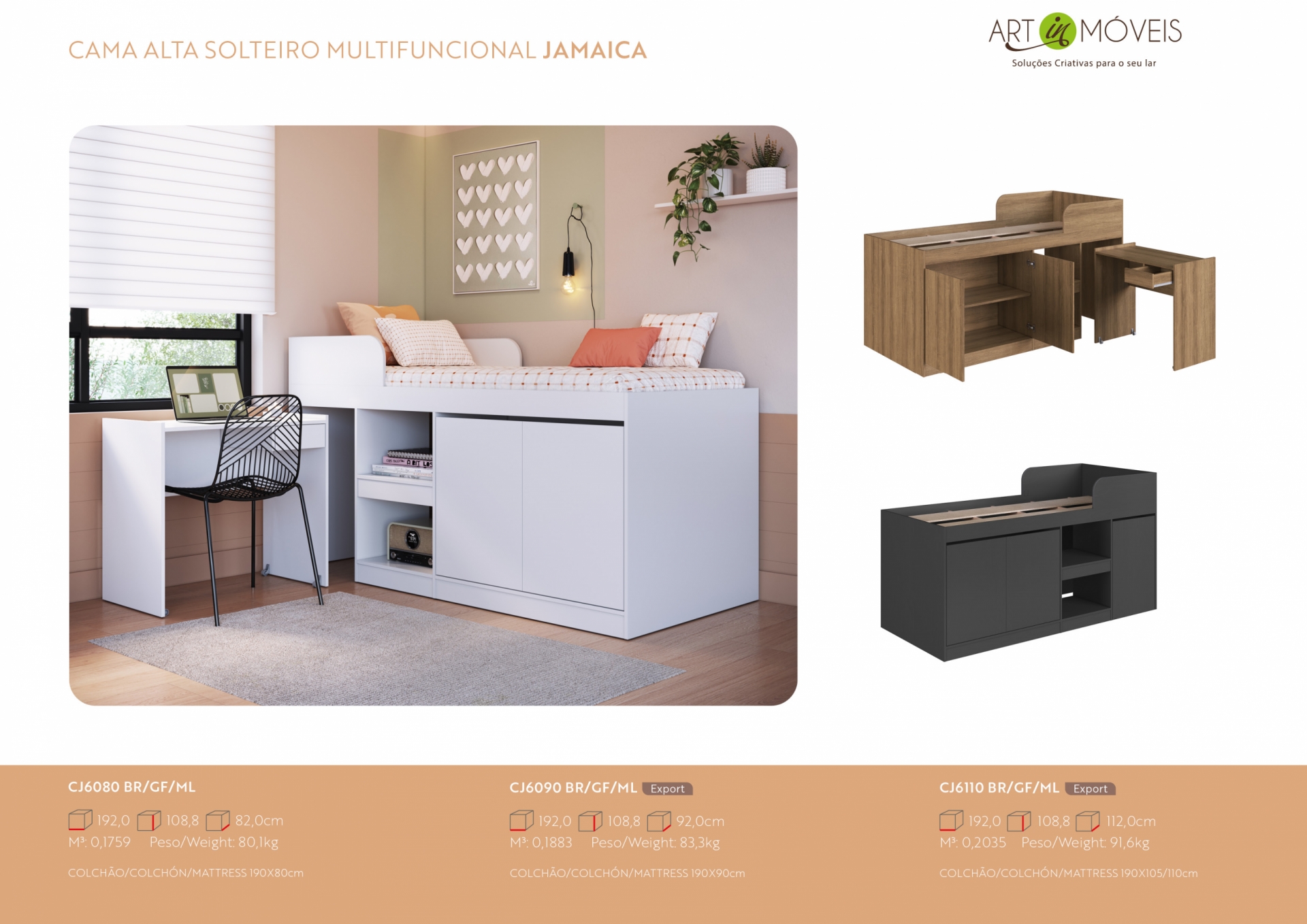 Produto Cama Alta Solteiro Multifuncional Jamaica
