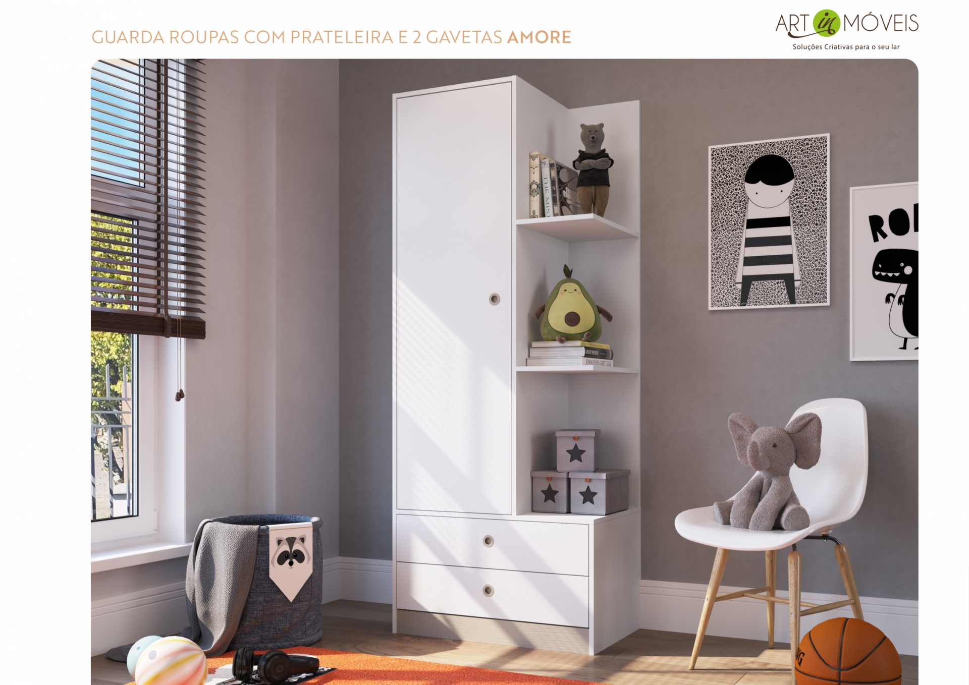 Produto Guarda Roupas com Prateleira e 2 Gavetas Amore