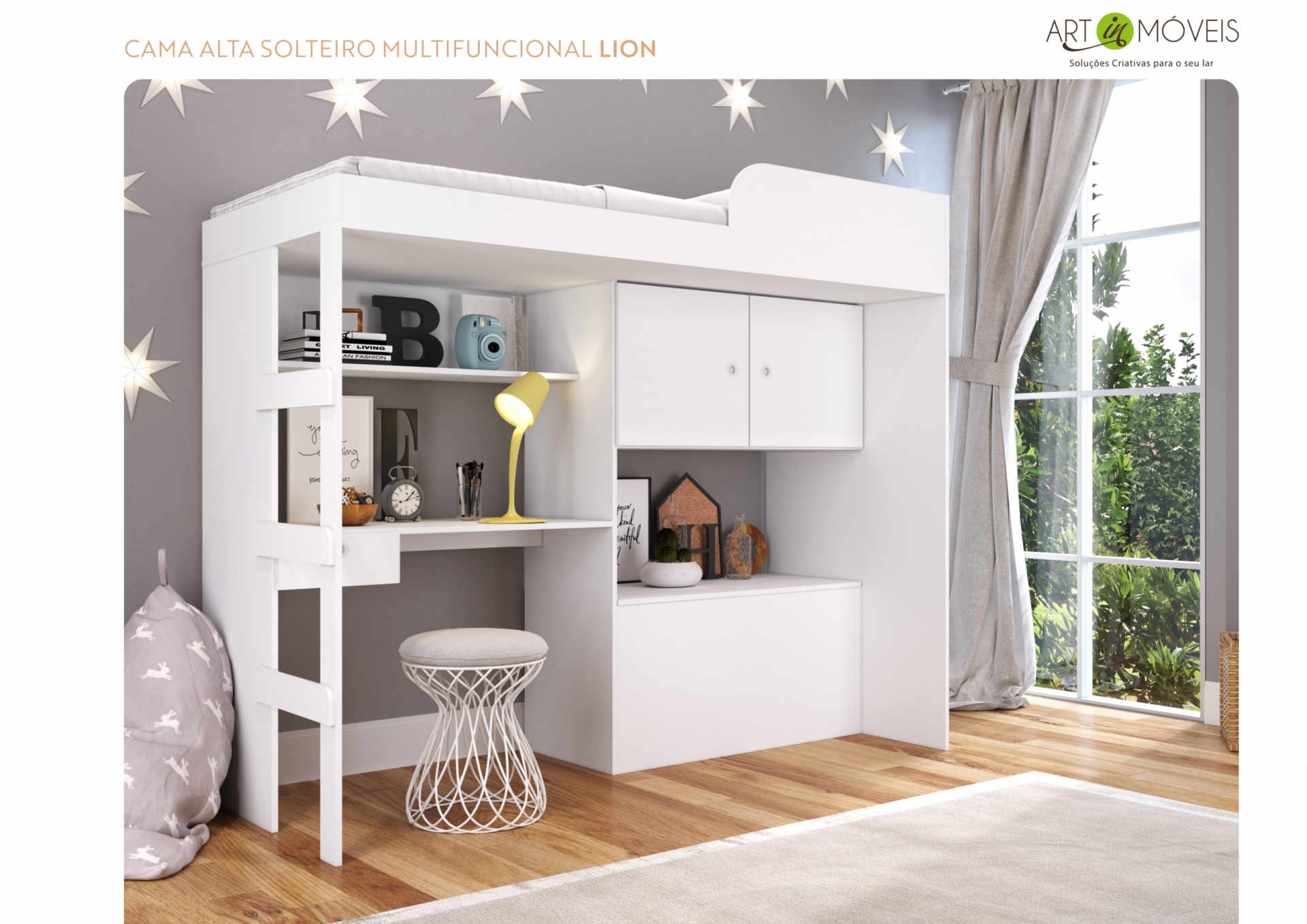 Produto Cama Alta Solteiro Multifuncional Lion