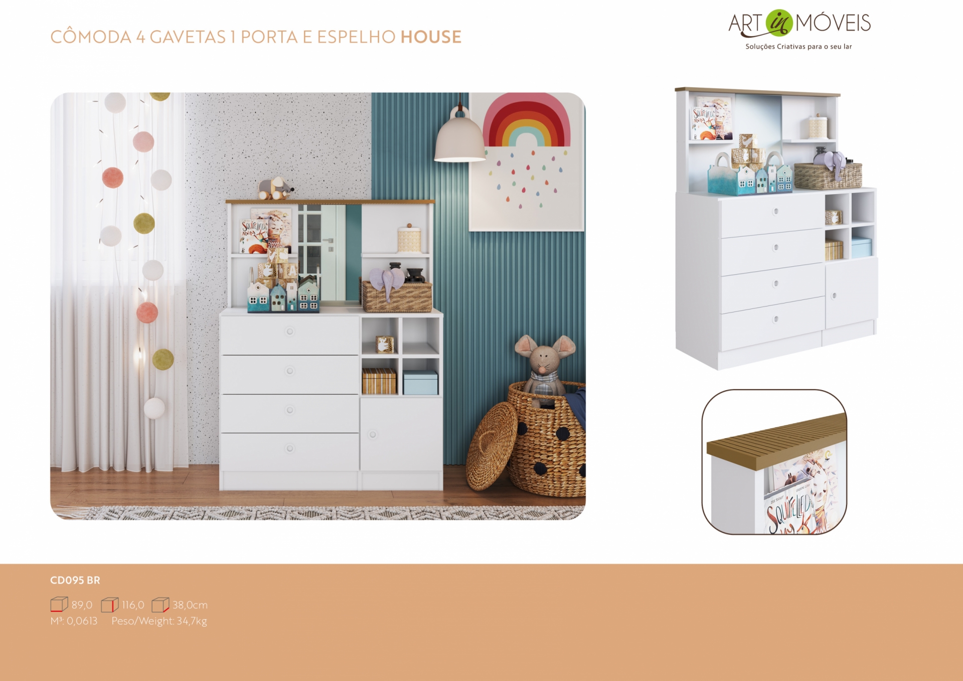 Produto Cômoda 4 Gavetas 1 Porta e Espelho House