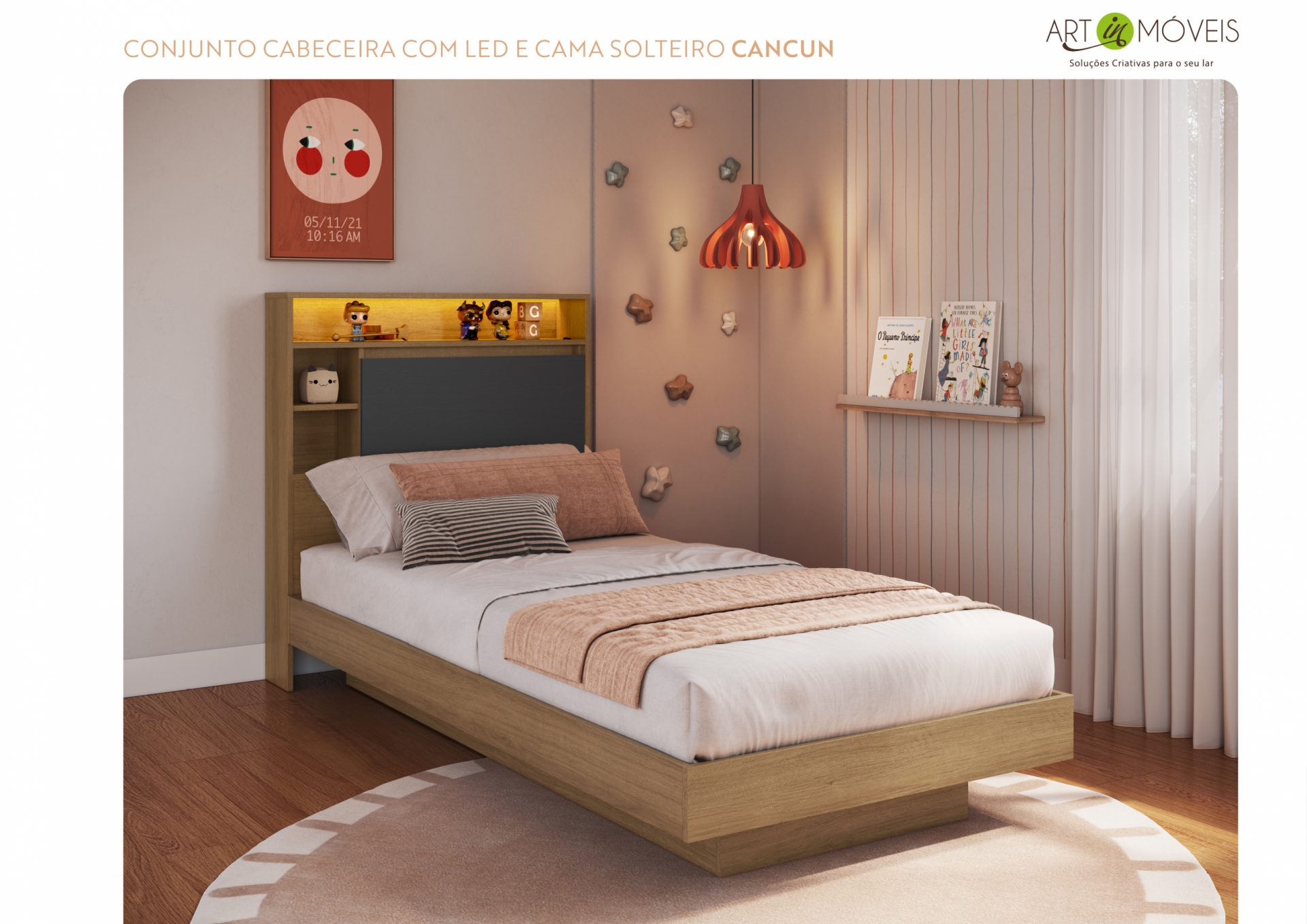 Produto Conjunto cama e cabeceira com iluminação led Zurique