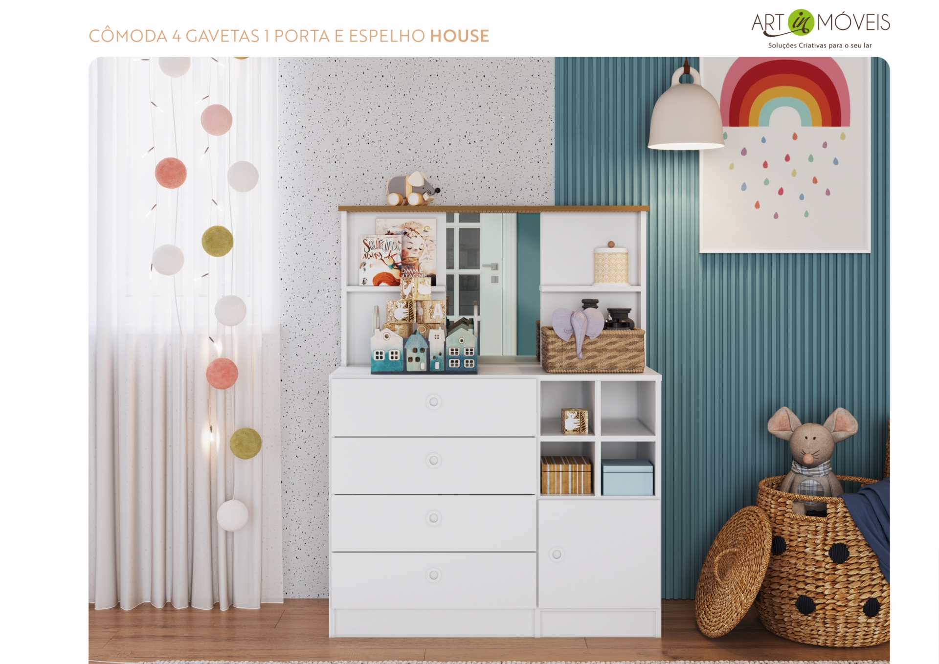 Produto Cômoda 4 Gavetas 1 Porta e Espelho House