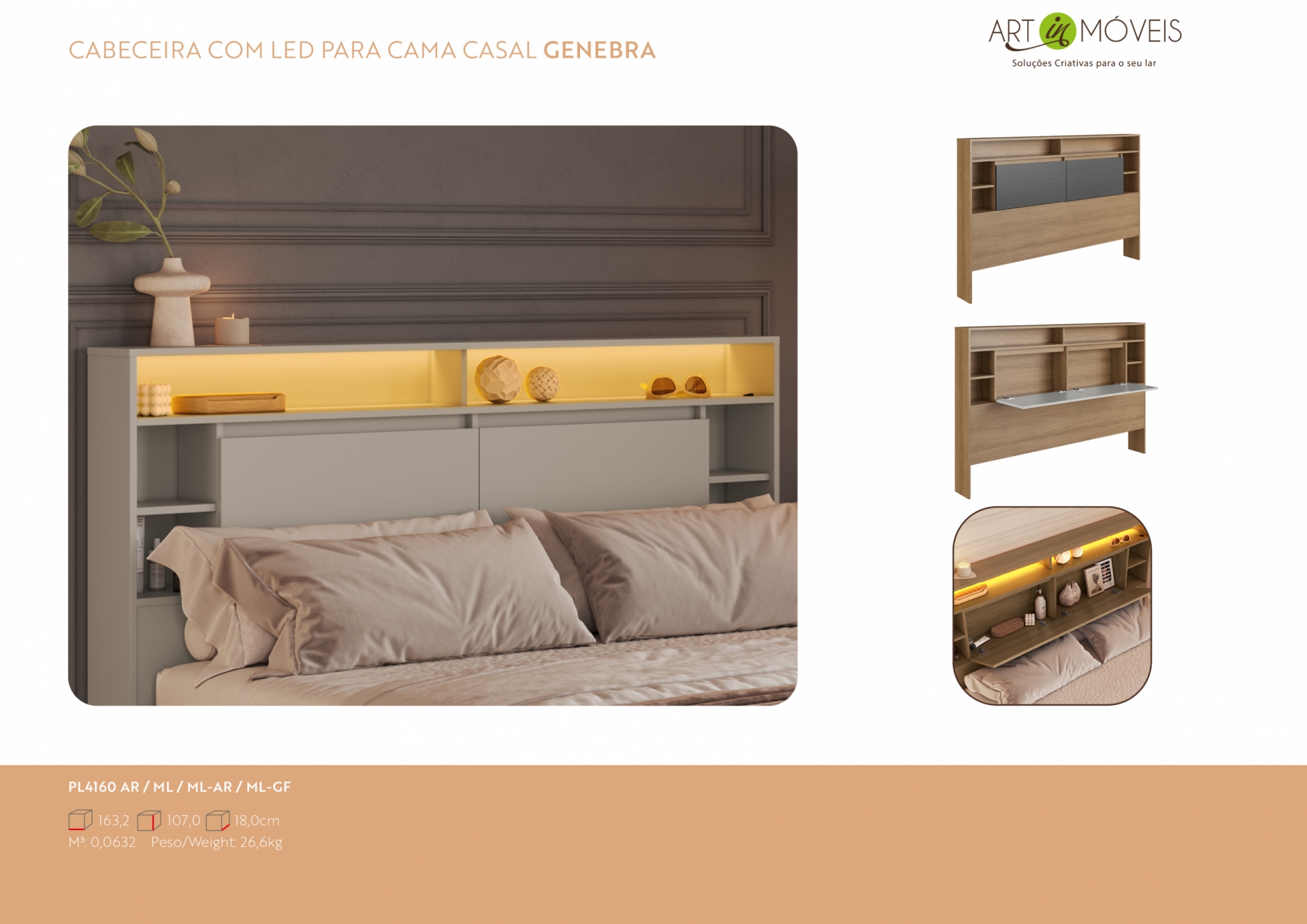 Produto Cabecero de cama doble con iluminación LED Genebra