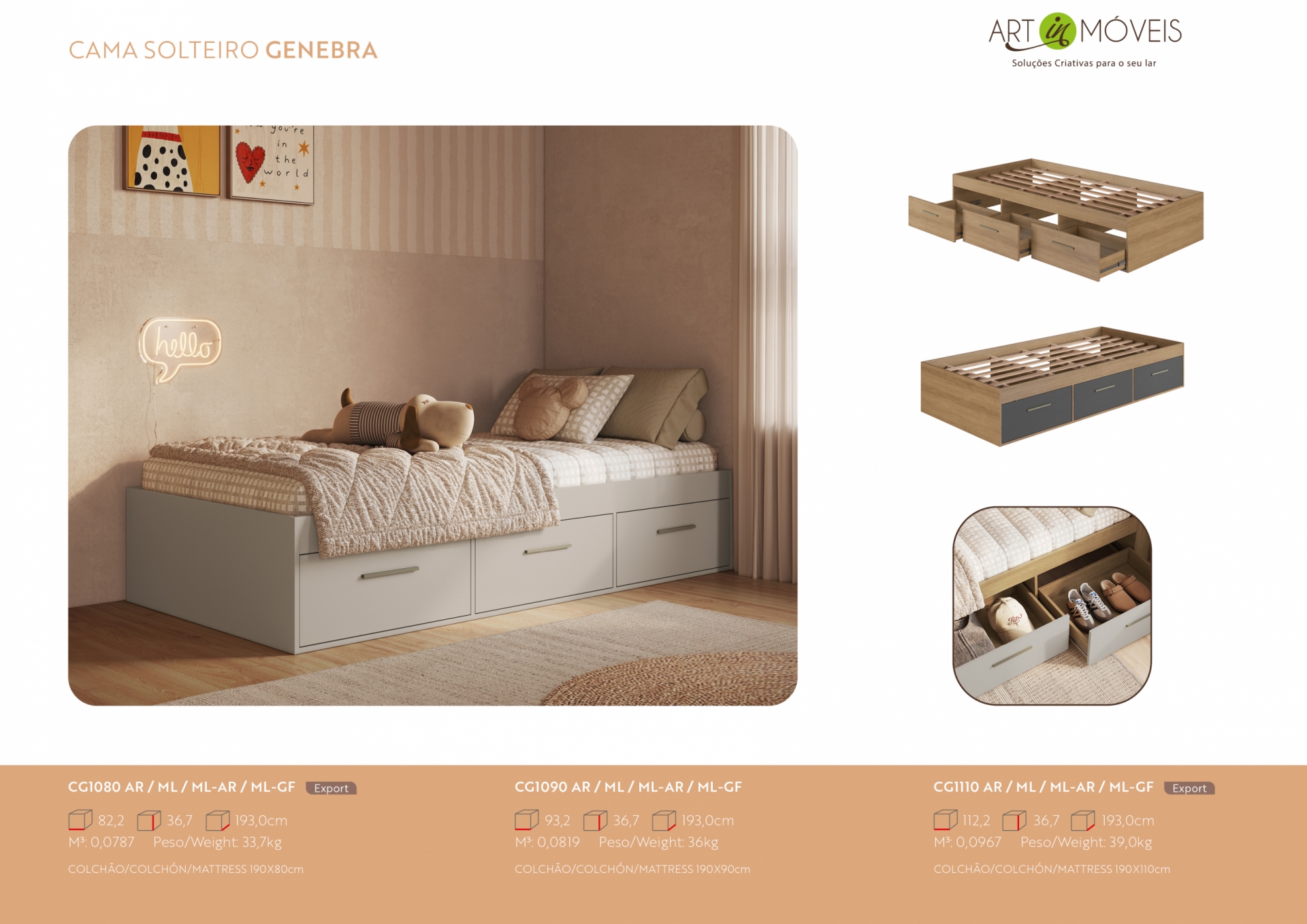 Product Genebra single bed with 3 large drawers